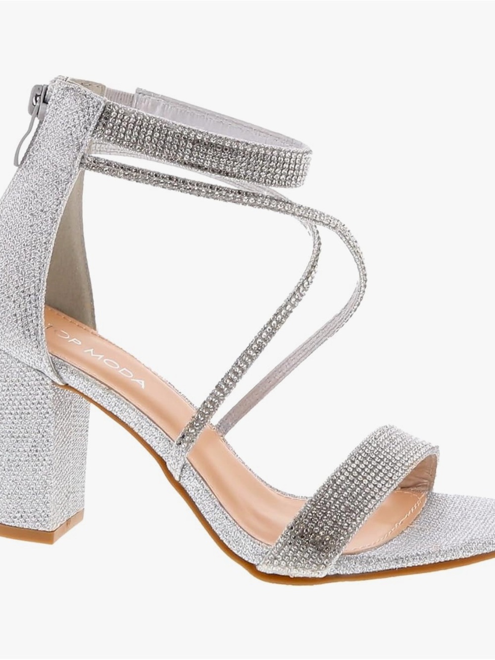 TOP Moda Silver Glitter Block Heel Sandals with Rhinestone Straps